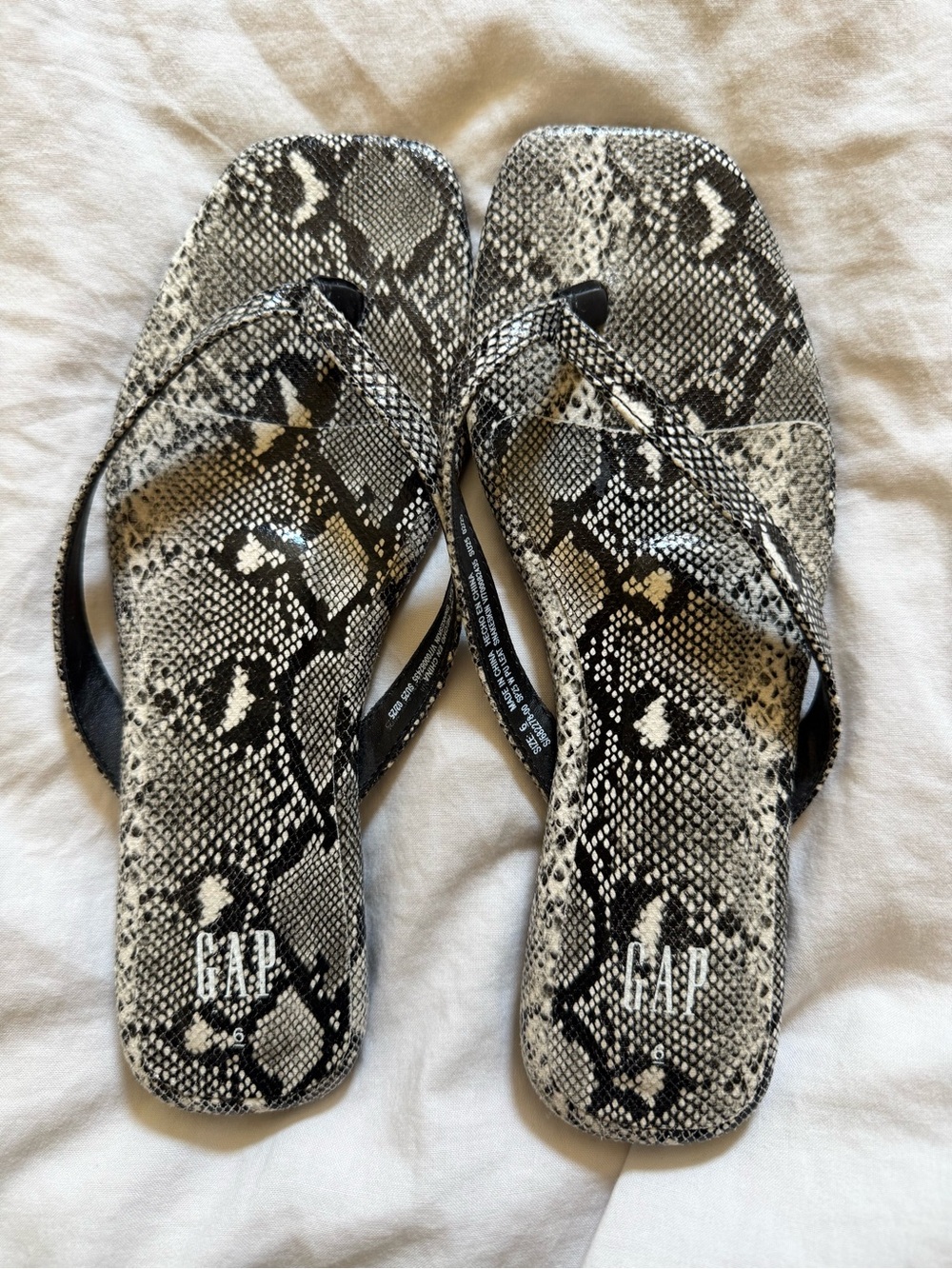 GAP Snake-Print Square Toe Flip Flops in Black and Cream